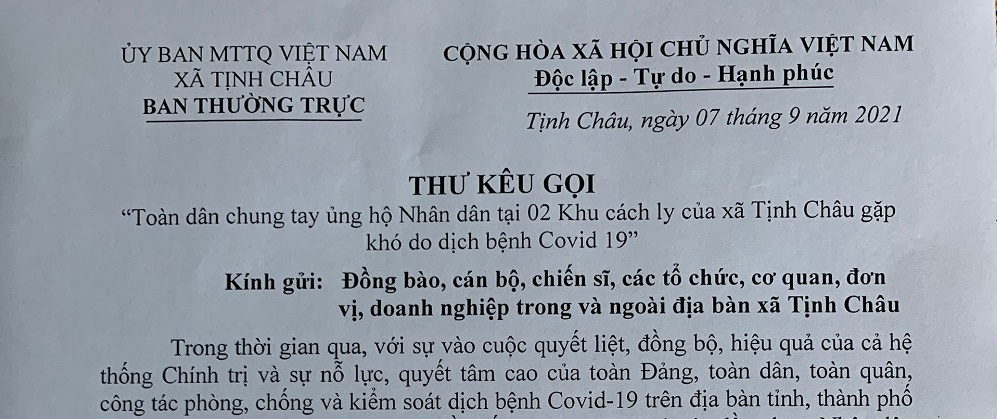 Ủy ban Mặt trận Tổ quốc Việt Nam xã Tịnh Châu kêu gọi ủng hộ người dân trong khu vực phong tỏa của xã Tịnh Châu